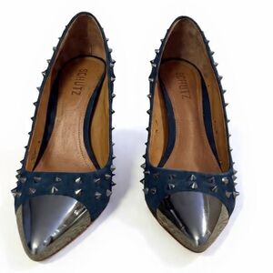 Schutz navy blue and silver studded stiletto pumps